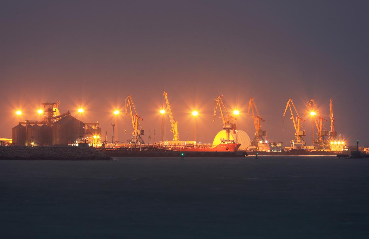 Ships and cranes are seen at the seaport of Aktau